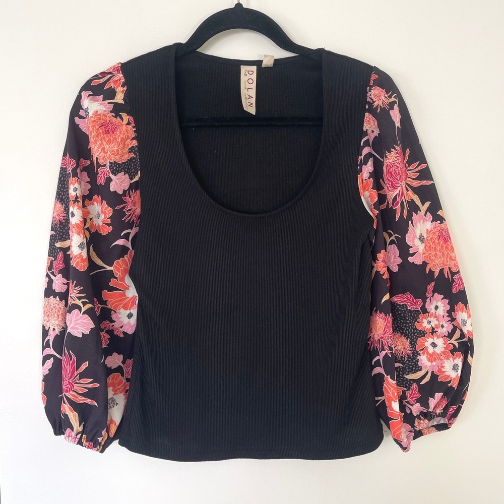 Dolan‎ Left Coast Collection Black Ribbed Top Floral Puff Sleeve Boho Size XS